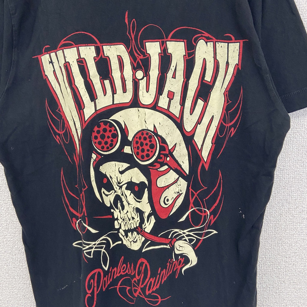 ノーブランド　半袖ダメージプリントTシャツ　スカル　ロック系　WILD JACK　黒　ブラック　クルーネック　Mサイズ　古着