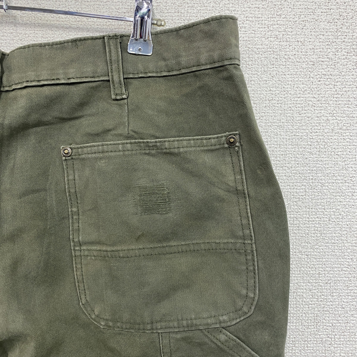 ノーブランド　ダブルニーペインターパンツ　ダックパンツ　ジップフライ　カーキ　古着