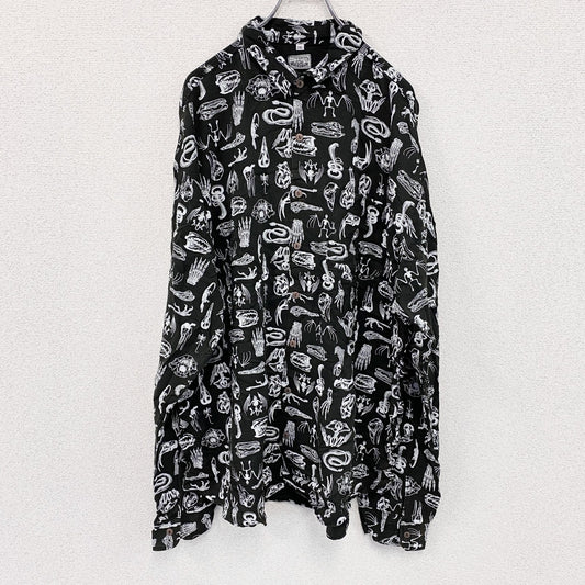 CAROCHE　長袖プリント総柄シャツ　骨柄　　黒　ブラック　２XLサイズ