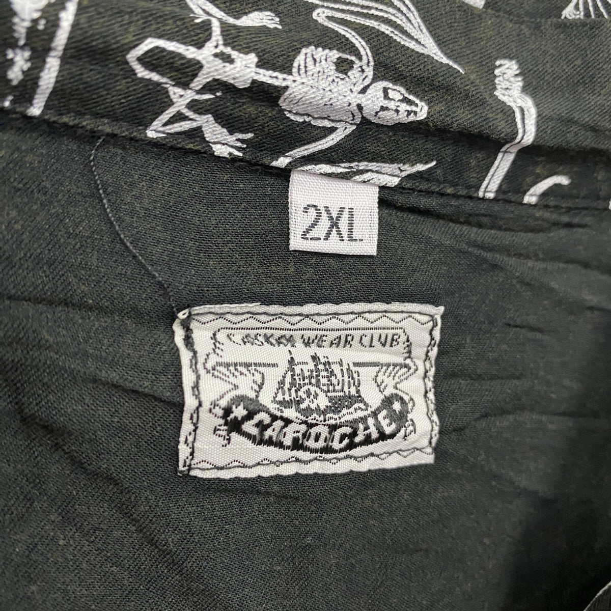 CAROCHE　長袖プリント総柄シャツ　骨柄　　黒　ブラック　２XLサイズ　古着