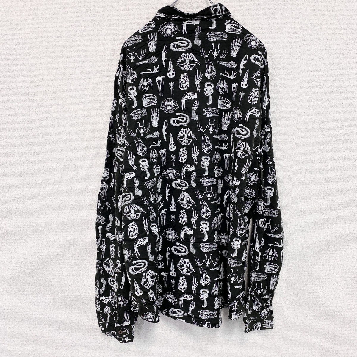 CAROCHE　長袖プリント総柄シャツ　骨柄　　黒　ブラック　２XLサイズ　古着