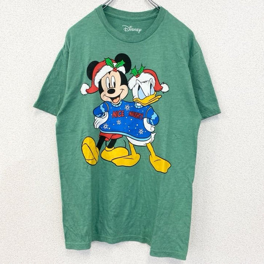 古着 used Disney　ディズニー　半袖プリントTシャツ　ミッキーマウス　ドナルドダック　クリスマス　グリーン　緑　Mサイズ