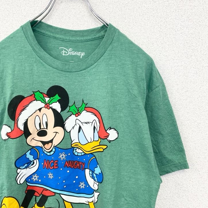 古着 used Disney　ディズニー　半袖プリントTシャツ　ミッキーマウス　ドナルドダック　クリスマス　グリーン　緑　Mサイズ