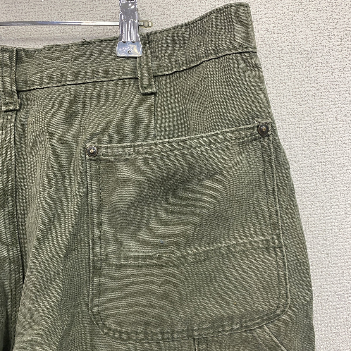 ノーブランド　ダブルニーペインターパンツ　ダックパンツ　ジップフライ　カーキ　古着