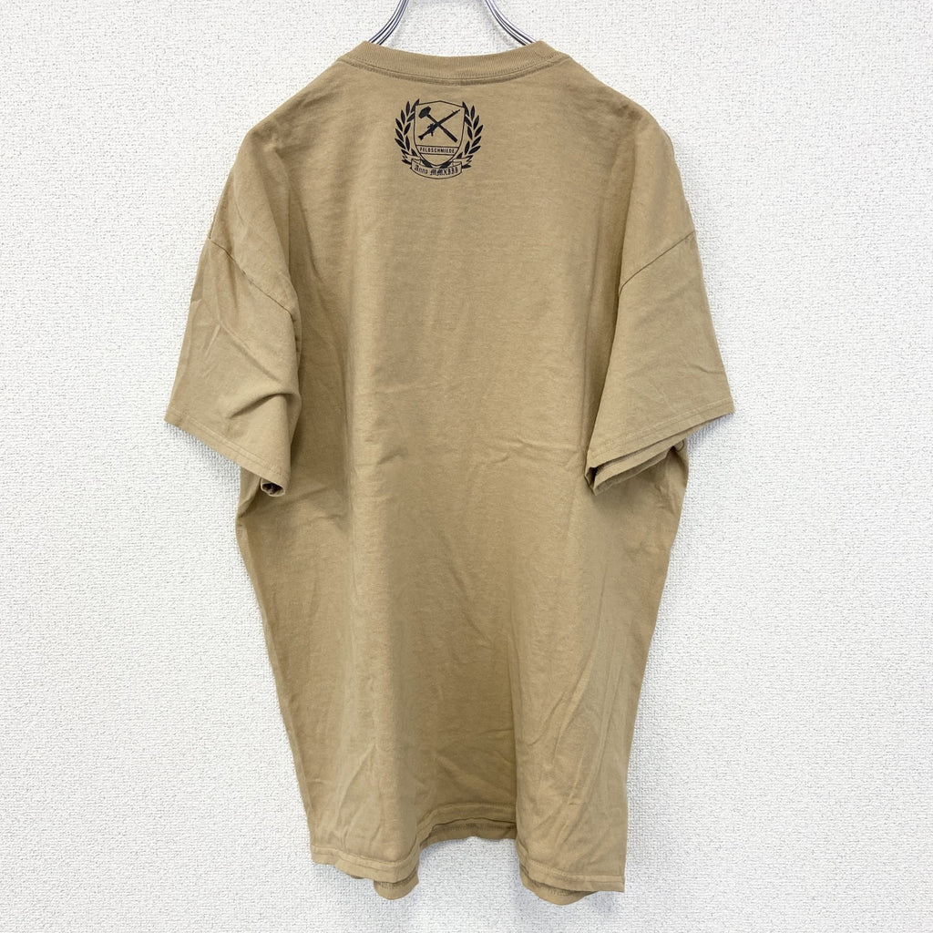 GILDAN　ギルダン　半袖プリントTシャツ　ブラックレター　鎧　騎士道　英字プリント　両面プリント　ベージュ　XLサイズ　古着