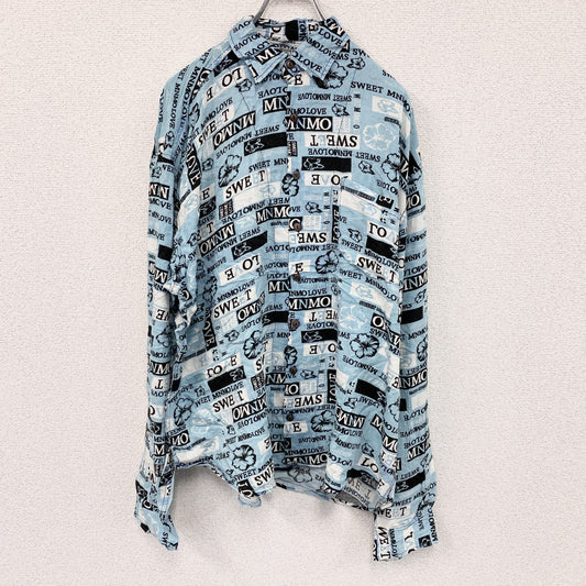 CAROCHE　長袖プリント総柄シャツ　ハイビスカス柄　青　ブルー　Lサイズ