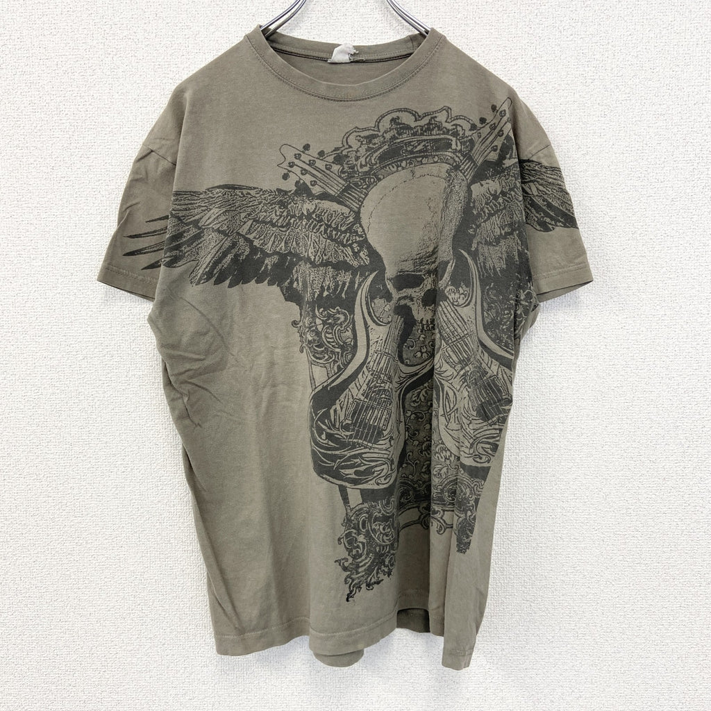 ノーブランド　半袖プリントTシャツ　スカル　エレキギター　ロックデザイン　クルーネック　カーキ色　Mサイズ　古着