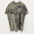 ノーブランド　半袖プリントTシャツ　スカル　エレキギター　ロックデザイン　クルーネック　カーキ色　Mサイズ　古着