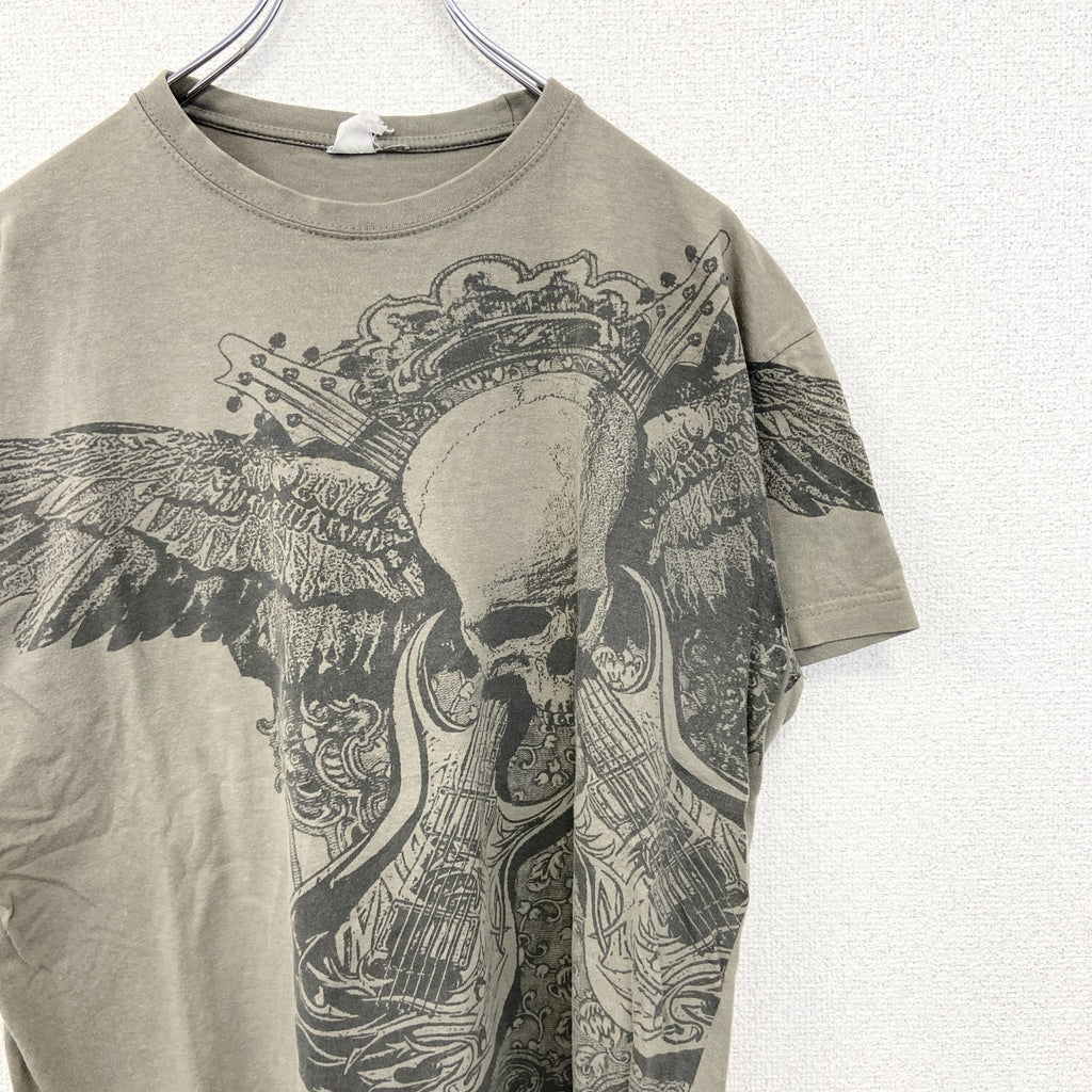 ノーブランド　半袖プリントTシャツ　スカル　エレキギター　ロックデザイン　クルーネック　カーキ色　Mサイズ　古着