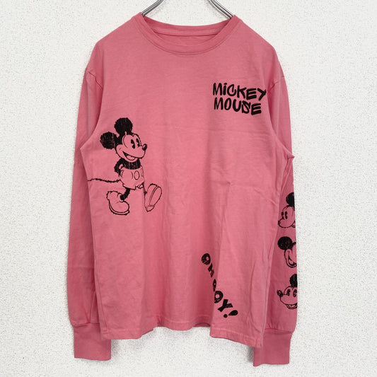 古着　used　Disney　ディズニー　長袖プリントTシャツ　ロンT　ミッキーマウス　レトロデザイン　ピンク　XSサイズ