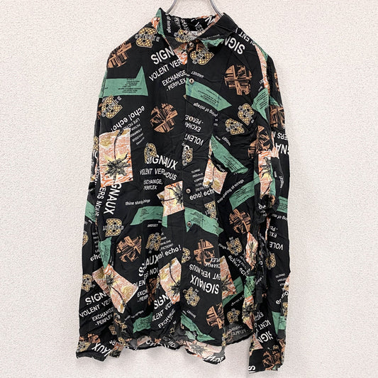 CAROCHE　長袖プリント総柄シャツ 黒　ブラック　緑　グリーン　オレンジ　XLサイズ