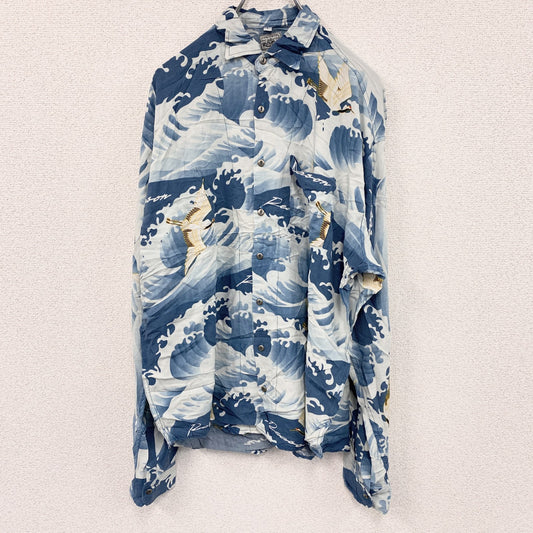 CAROCHE　長袖プリント総柄シャツ　海　鶴　青　ブルー　Lサイズ