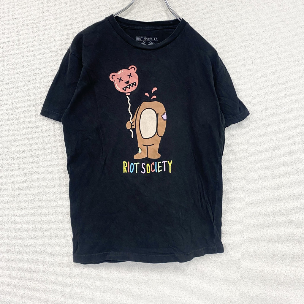 RIOT SOCIETY　半袖プリントアニマルTシャツ　英字プリント　黒　ブラック　Sサイズ　古着