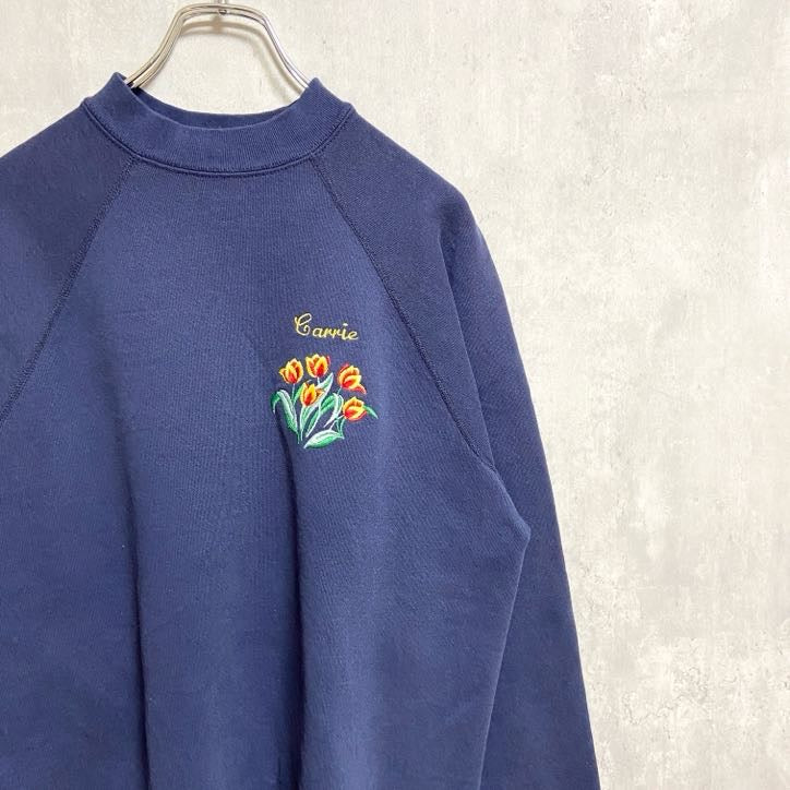 古着 used　90s　DISCUSATHLETIC　長袖ワンポイント刺繍スウェット　トレーナー　チューリップ　ネイビー　Lサイズ