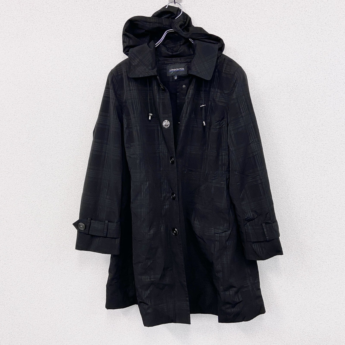 LONDON FOG　ロンドンフォグ　トレンチコート　フーディー　チェック柄　黒　ブラック　Lサイズ　古着