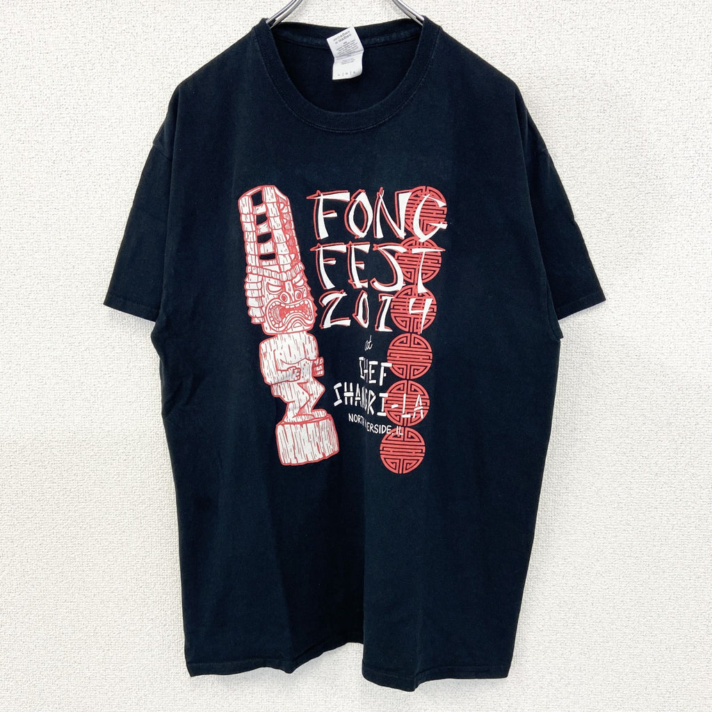 GILDAN　ギルダン　半袖プリントデザインTシャツ　Tiki　ポリネシア神話　7連プリント　両面プリント　黒　ブラック　Lサイズ　古着