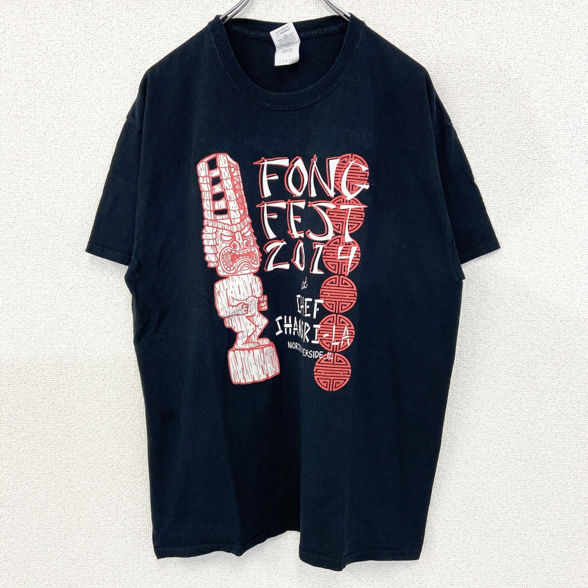 GILDAN　ギルダン　半袖プリントデザインTシャツ　Tiki　ポリネシア神話　7連プリント　両面プリント　黒　ブラック　Lサイズ　古着