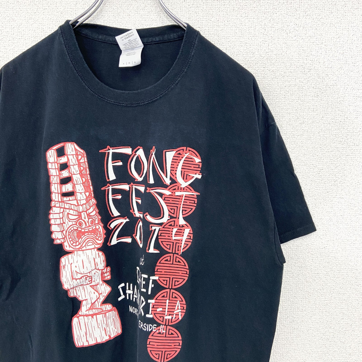 GILDAN　ギルダン　半袖プリントデザインTシャツ　Tiki　ポリネシア神話　7連プリント　両面プリント　黒　ブラック　Lサイズ　古着
