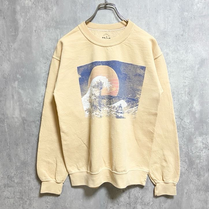 PS/LA　長袖アートプリントクルーネックスウェット　トレーナー　浮世絵　夕日　波　ベージュ　秋冬服　Sサイズ　古着