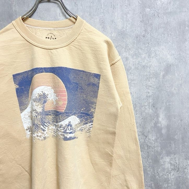 PS/LA　長袖アートプリントクルーネックスウェット　トレーナー　浮世絵　夕日　波　ベージュ　秋冬服　Sサイズ　古着