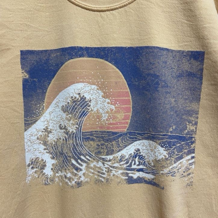 PS/LA　長袖アートプリントクルーネックスウェット　トレーナー　浮世絵　夕日　波　ベージュ　秋冬服　Sサイズ　古着