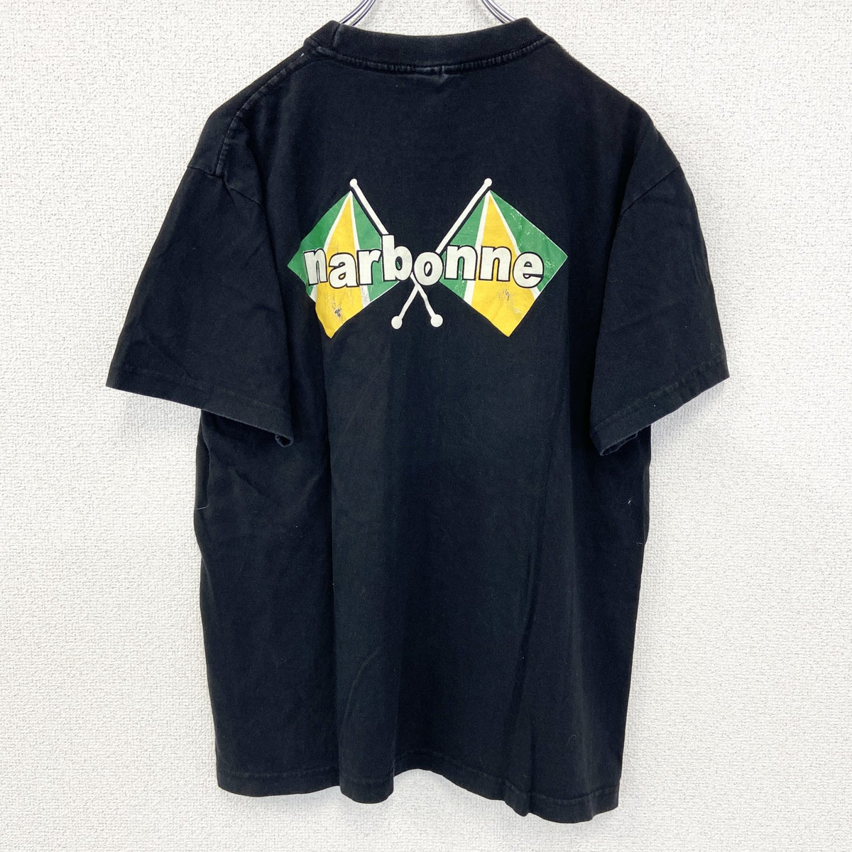 HIS　半袖プリントデザインTシャツ　クルーネック　NHS　フランス　ナルボンヌ　カジュアル　黒　ブラック　Mサイズ　古着