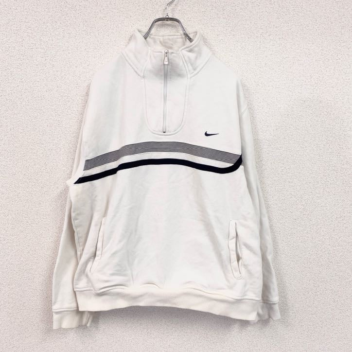 00s　NIKE　ナイキ　ハーフジッププルオーバースウェット　ヴィンテージ　刺繍ロゴ　白　ホワイト　Lサイズ　古着