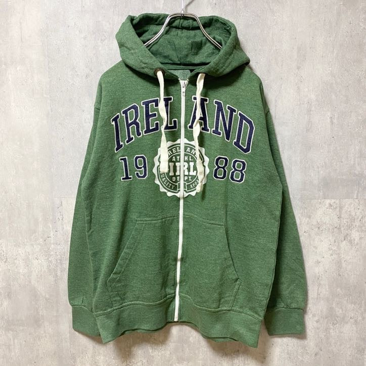 古着 used　IRELAND　1988　長袖フルジップパーカー　スウェット　ワッペン　刺繍　緑　グリーン　Sサイズ