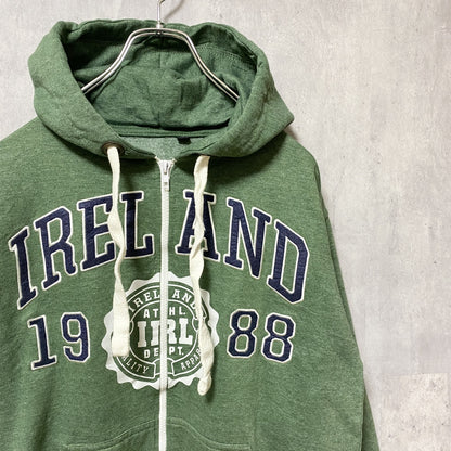 古着 used　IRELAND　1988　長袖フルジップパーカー　スウェット　ワッペン　刺繍　緑　グリーン　Sサイズ