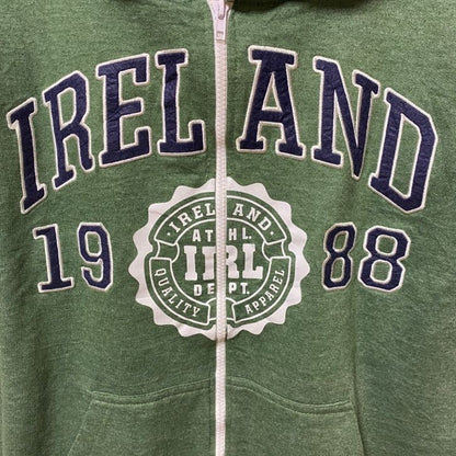 古着 used　IRELAND　1988　長袖フルジップパーカー　スウェット　ワッペン　刺繍　緑　グリーン　Sサイズ