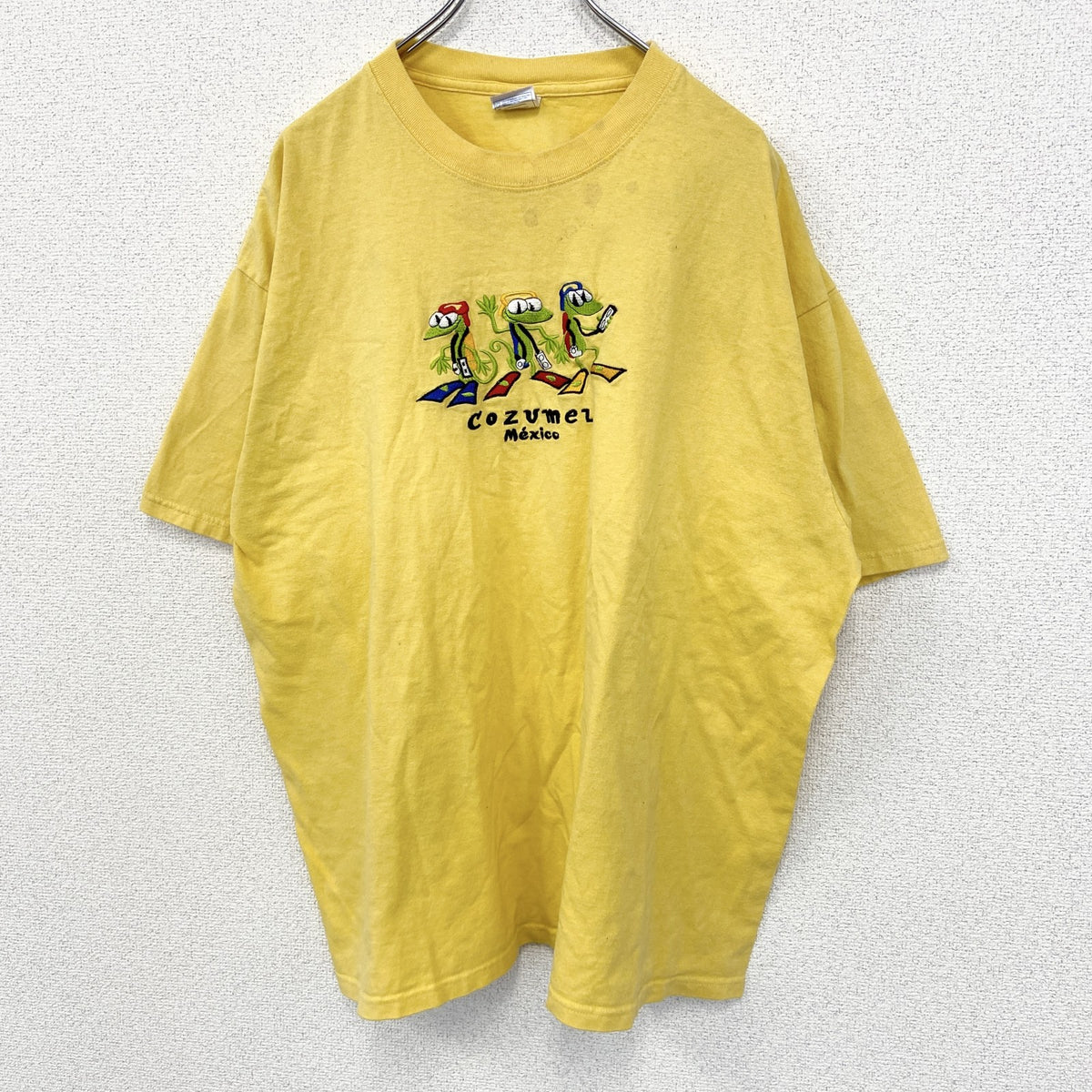 YAZBEK　半袖刺繍デザインTシャツ　ビッグT　Cozumel　メキシコ　クルーネック　黄色　イエロー　2XLサイズ　古着