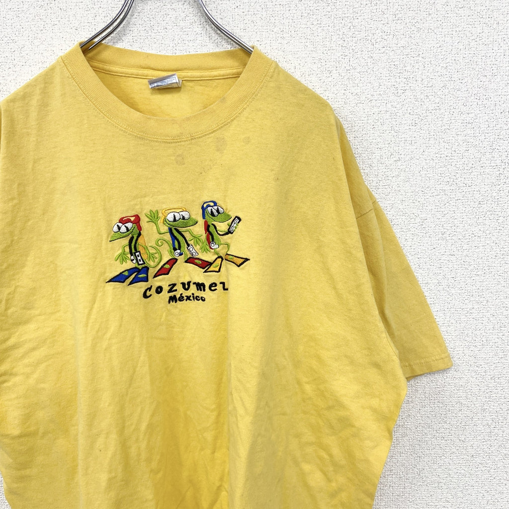 YAZBEK　半袖刺繍デザインTシャツ　ビッグT　Cozumel　メキシコ　クルーネック　黄色　イエロー　2XLサイズ　古着