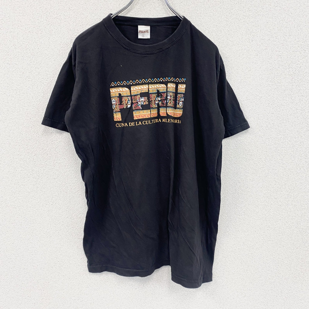 MiLKO’S　半袖プリントスーベニアTシャツ　ノルディック柄　クルーネック　黒　ブラック　Lサイズ カットソー メンズ コットン 古着