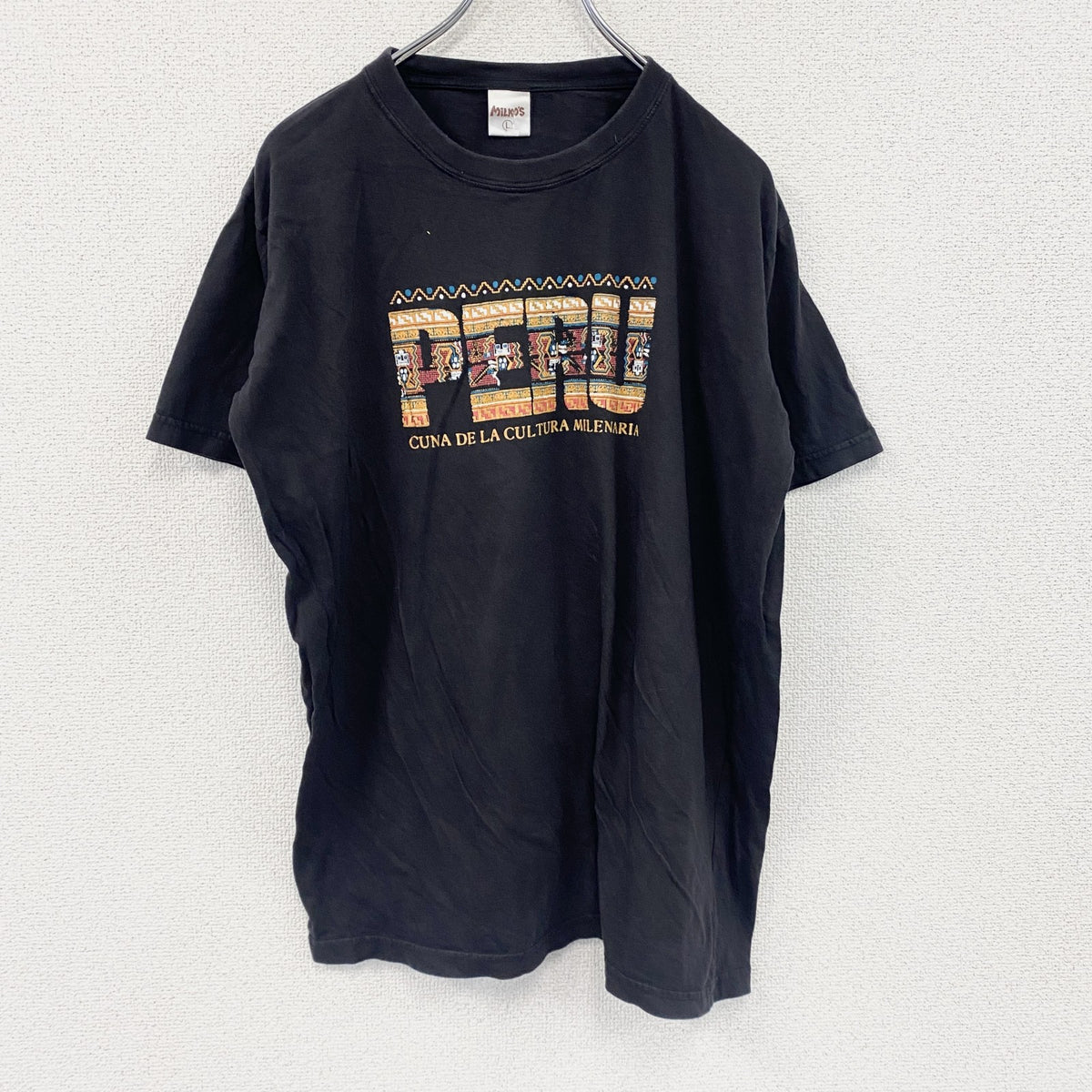 MiLKO’S　半袖プリントスーベニアTシャツ　ノルディック柄　クルーネック　黒　ブラック　Lサイズ カットソー メンズ コットン 古着