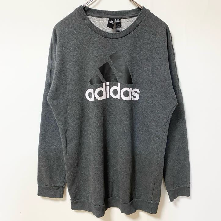 adidas　アディダス　スウェット/トレーナー　パフォーマンスロゴ　デカロゴ　クルーネック　灰色　ダークグレー　Sサイズ　古着
