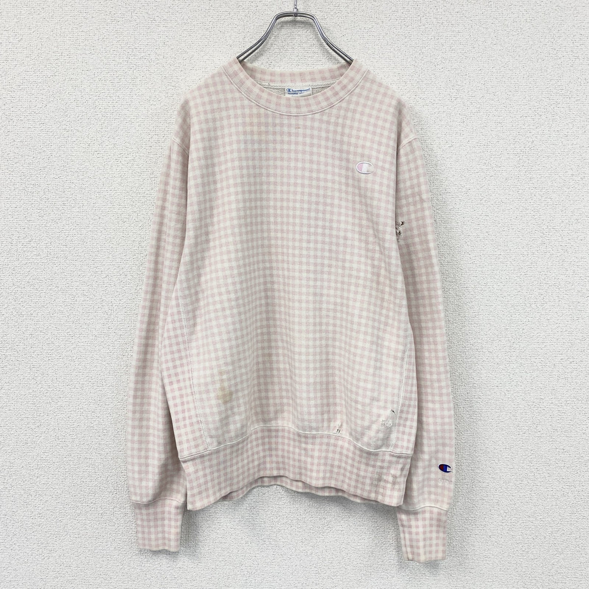 Champion　チャンピオン　リバースウィーブ　スウェット/トレーナー　ギンガムチェック　刺繍ロゴ　ピンク　Mサイズ　古着
