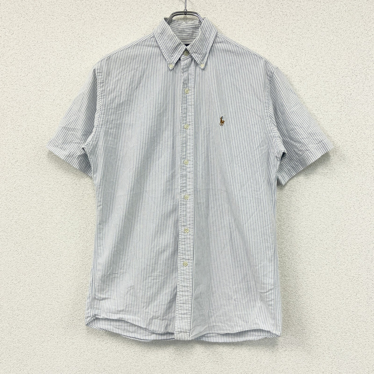 Ralph Lauren　ラルフローレン　半袖ボタンダウンシャツ　ストライプ　白　ホワイト　青　ライトブルー　Sサイズ　古着