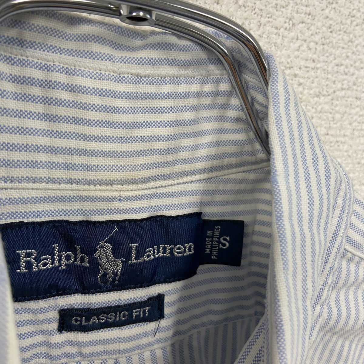 Ralph Lauren　ラルフローレン　半袖ボタンダウンシャツ　ストライプ　白　ホワイト　青　ライトブルー　Sサイズ　古着