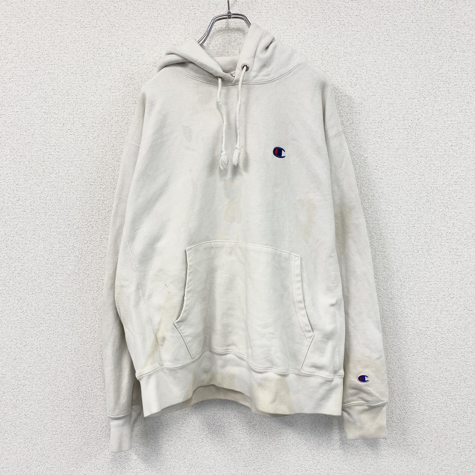 Champion　チャンピオン　リバースウィーブ　スウェットパーカー/フーディー　刺繍ロゴ　ワンポイント　現行　白　ホワイト　Lサイズ トレーナー スウェットトップス フード付き 古着