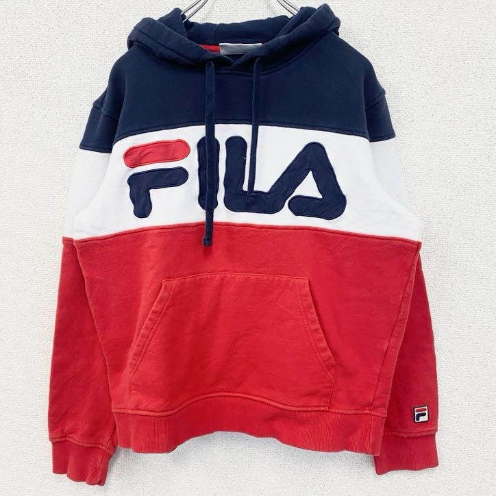 FILA　フィラ　パーカー　プルオーバー　裏起毛　ブランドロゴ　レトロ　トリコロール　赤　レッド　白　ホワイト　青　ブルー　Sサイズ　古着