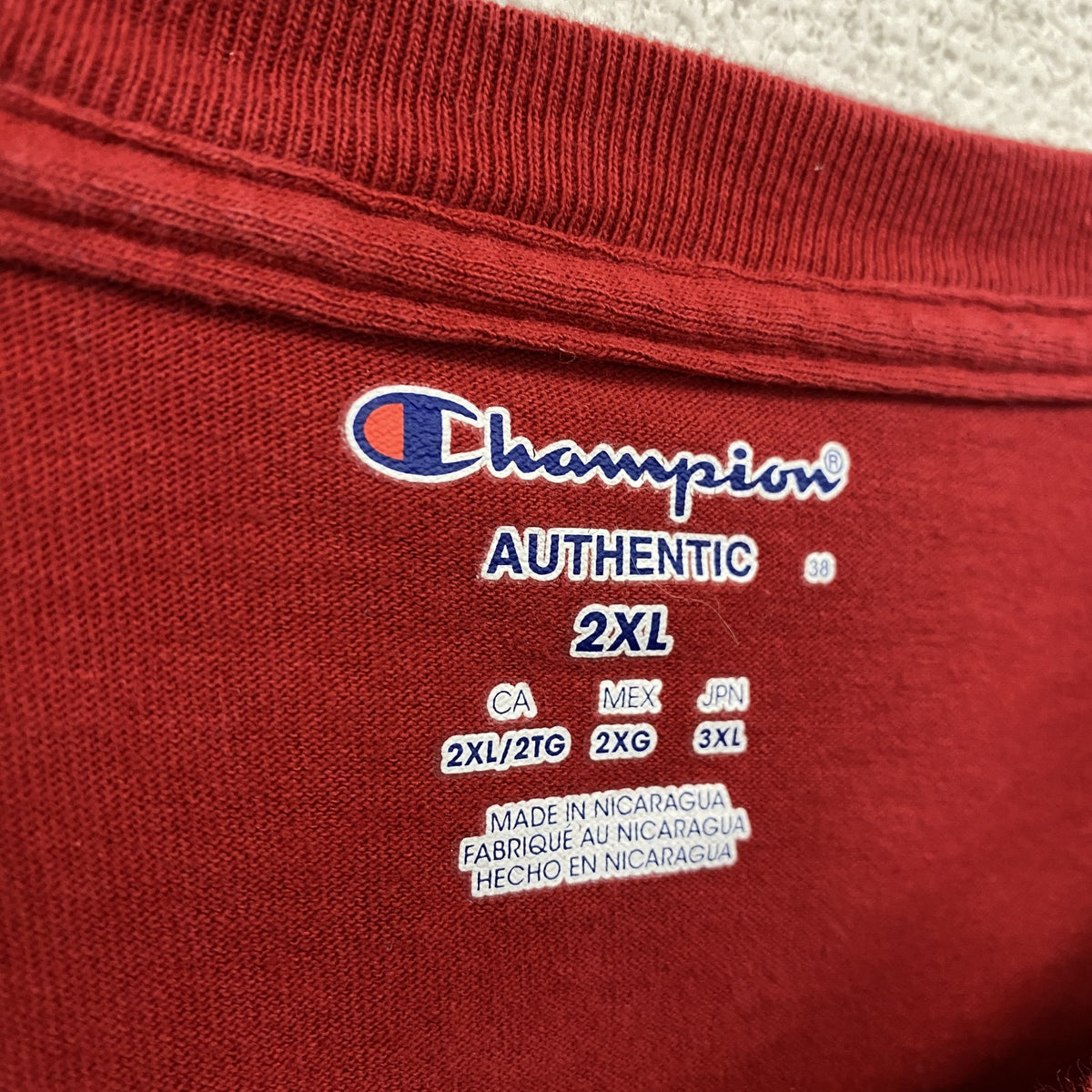 champion　チャンピオン　半袖プリントTシャツ　3連プリント　赤　レッド　２XLサイズ　古着