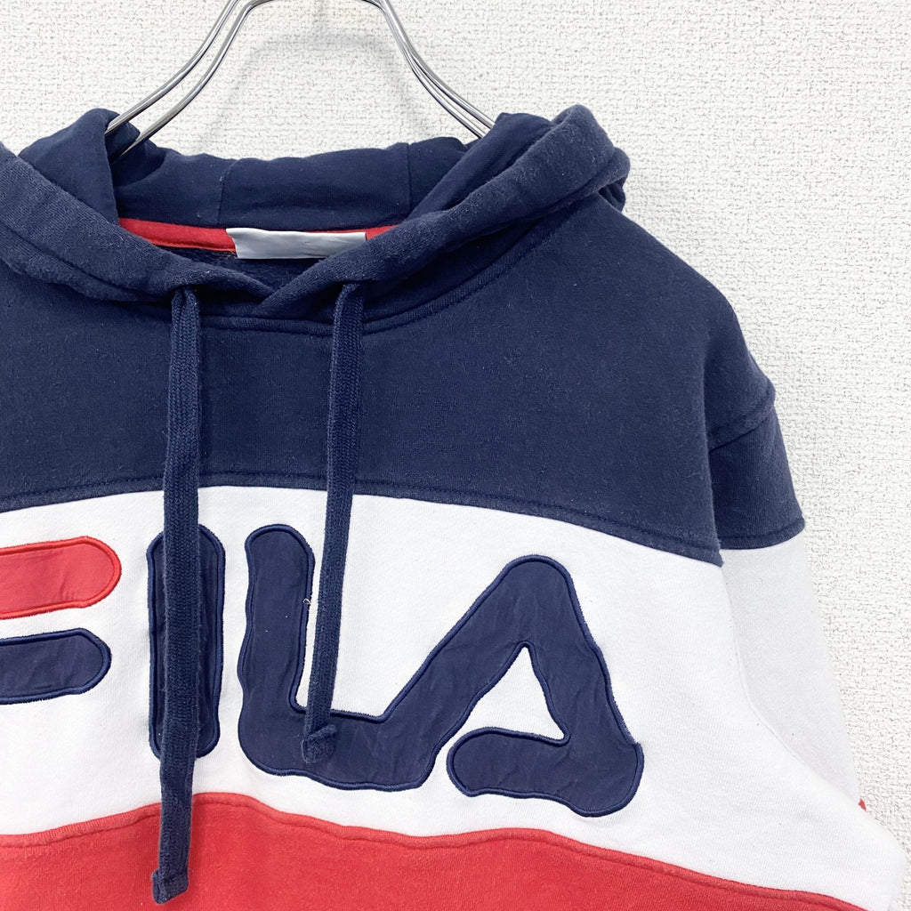 FILA　フィラ　パーカー　プルオーバー　裏起毛　ブランドロゴ　レトロ　トリコロール　赤　レッド　白　ホワイト　青　ブルー　Sサイズ　古着