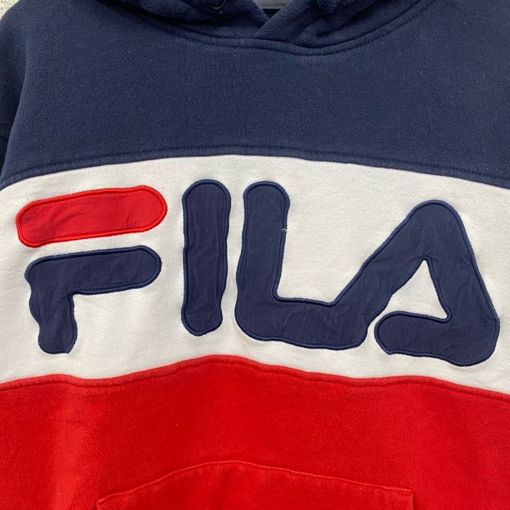 FILA　フィラ　パーカー　プルオーバー　裏起毛　ブランドロゴ　レトロ　トリコロール　赤　レッド　白　ホワイト　青　ブルー　Sサイズ　古着