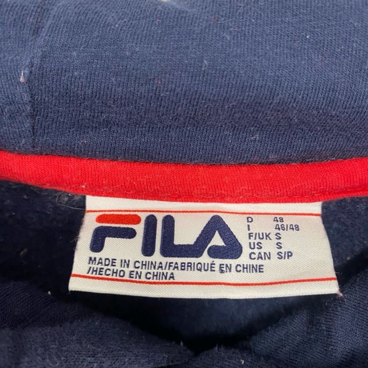 FILA　フィラ　パーカー　プルオーバー　裏起毛　ブランドロゴ　レトロ　トリコロール　赤　レッド　白　ホワイト　青　ブルー　Sサイズ　古着