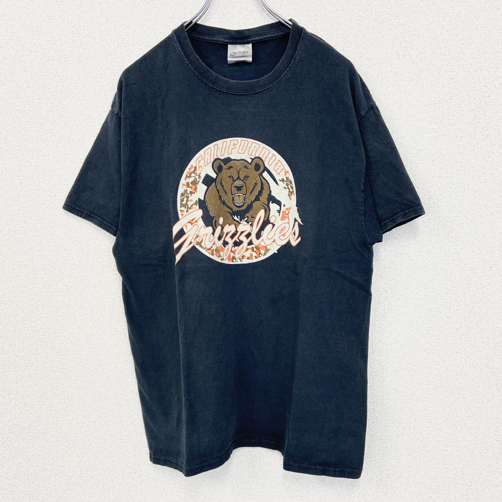 PORT＆COMPANY　半袖デザインプリントTシャツ　ビッグT　熊　クルーネック　カジュアル　黒　ブラック　Lサイズ　古着