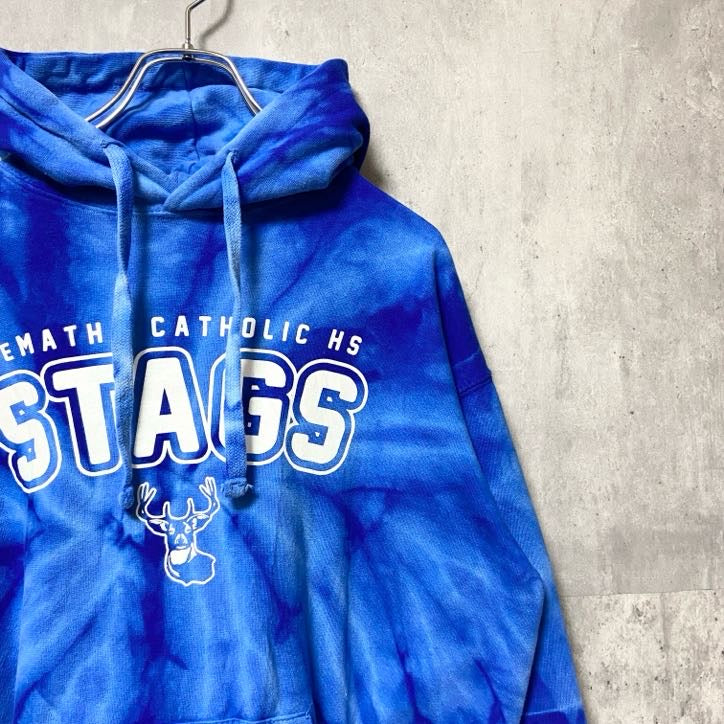 ESsports　長袖プリントタイダイ柄パーカー　STAGS　デマッサカトリック高校　鹿　青　ブルー　Sサイズ　古着
