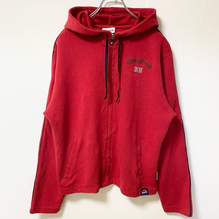Reebok リーボック　長袖ワンポイントロゴ刺繍パーカー　フルジップ　ペプシタグ　赤　レッド　XLサイズ　古着