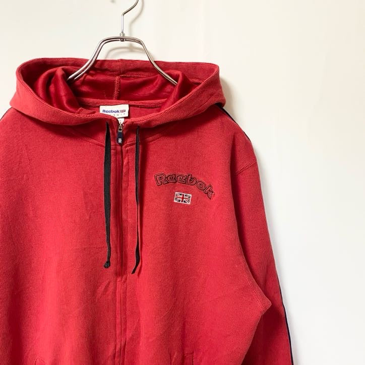 Reebok リーボック　長袖ワンポイントロゴ刺繍パーカー　フルジップ　ペプシタグ　赤　レッド　XLサイズ　古着