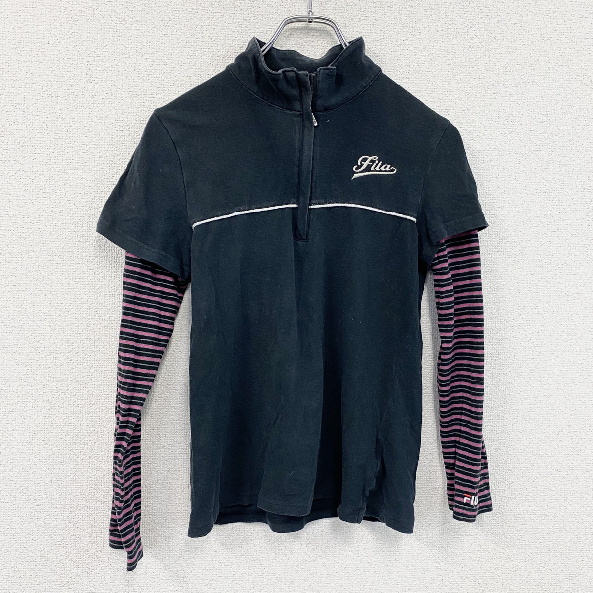 90s　FILA　フィラ　ゴルフウェア　長袖ハーフジップポロシャツ　スポーツウェア　ボーダー　ヴィンテージ　黒　ブラック　Mサイズ　