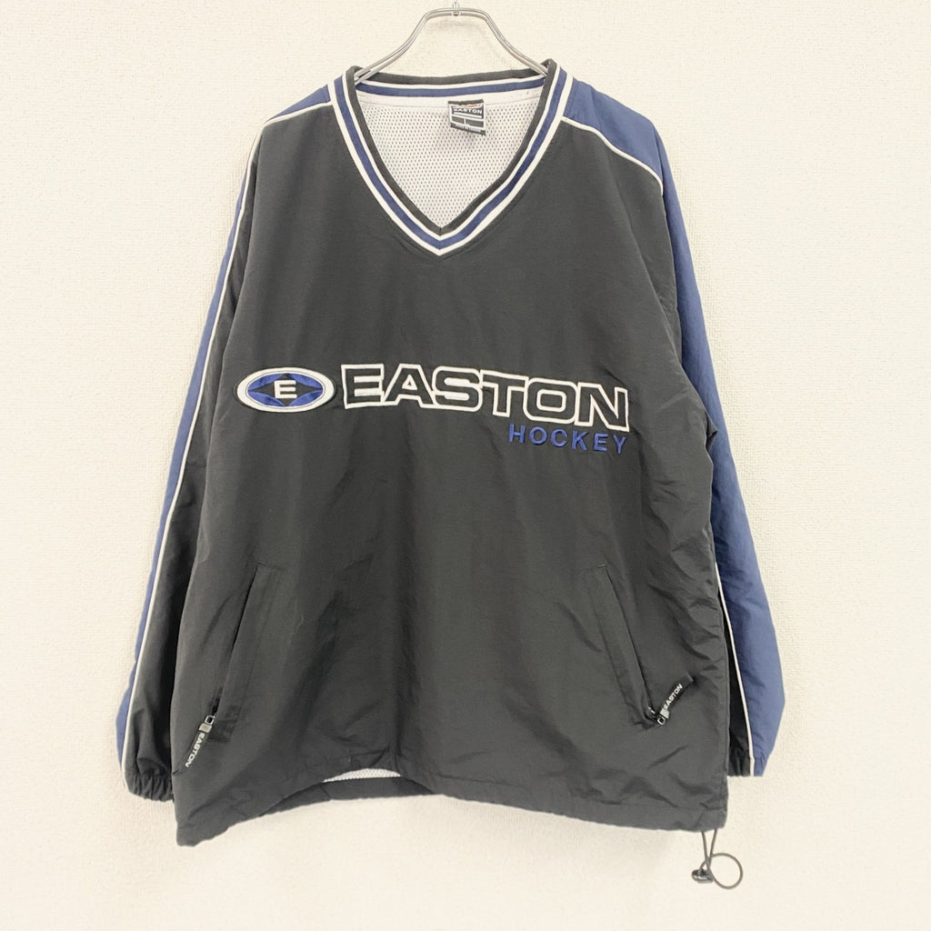 ～90s　EASTON　ナイロンプルオーバージャケット　Vネック　刺繍ロゴ　ワッペン　ヴィンテージ　黒　ブラック　Lサイズ　古着